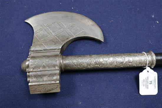 A Sikh silver foiled steel axe head, Tabarzin - Punjab early 19th century, length 26in., axe head 10.5in.